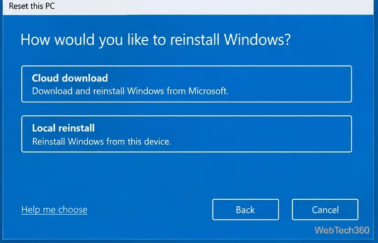 Windows 10 reset screen offering Cloud download and Local reinstall