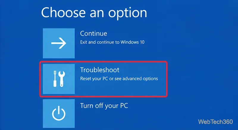 Windows Recovery Environment Choose an option screen with Troubleshoot highlighted