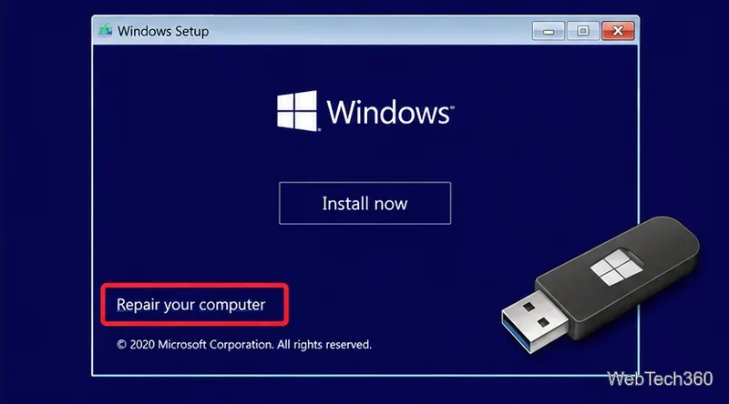 Windows setup screen with Repair your computer highlighted beside a USB installation drive