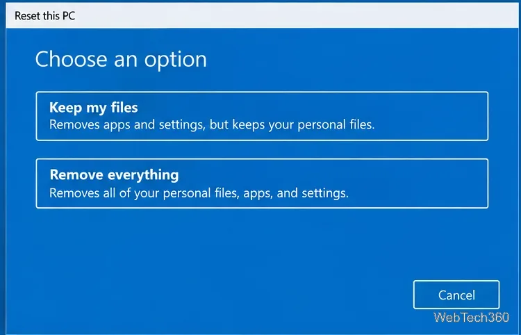 Windows 10 Reset this PC screen with Keep my files and Remove everything choices