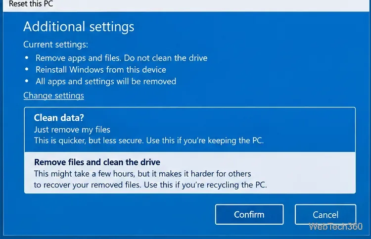 Windows 10 additional reset settings showing the drive cleaning choice