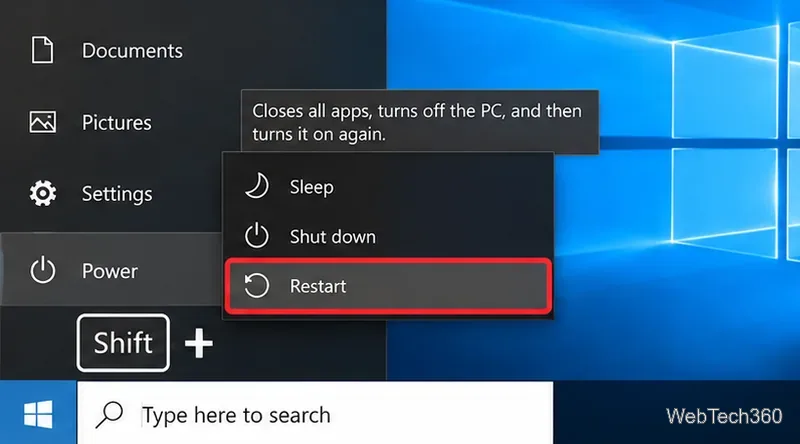 Windows 10 Start menu showing Shift plus Restart to open recovery options