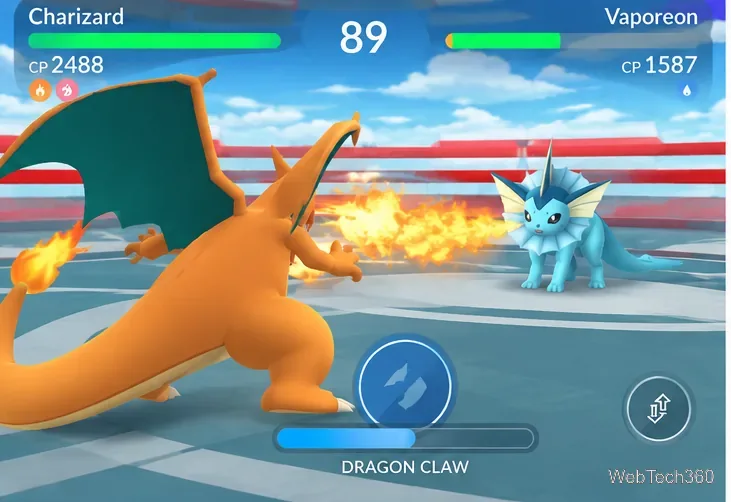 ジムバトルで青いディフェンダーを攻撃する炎タイプのポケモン。チャージ技ボタンとエネルギーメーター付き。