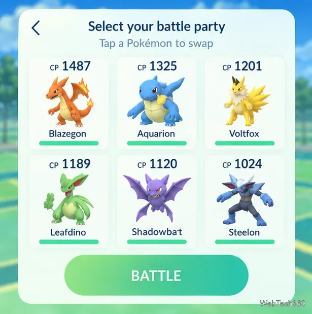 バトルパーティ選択画面には6種類のポケモンが表示され、それぞれのポケモンの上にCPが表示されます。