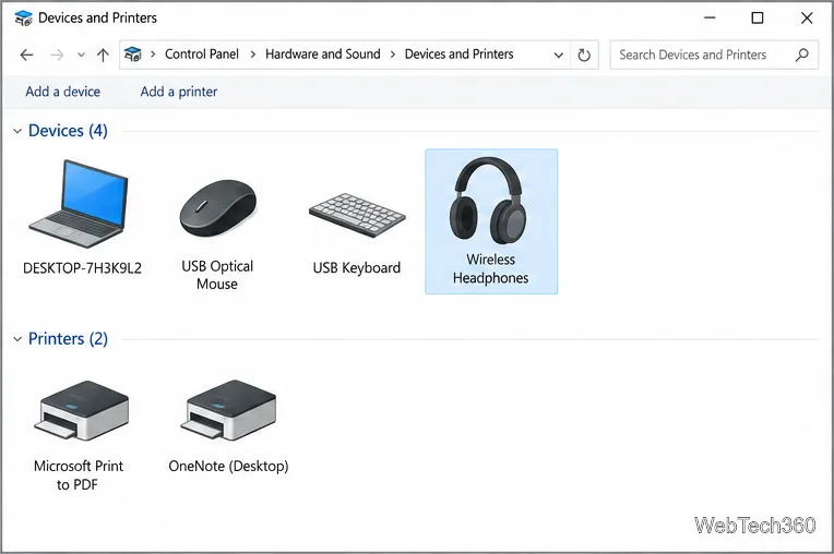 Dispositivos e impressoras do Windows 10 com o acessório Fones de Ouvido Sem Fio selecionado
