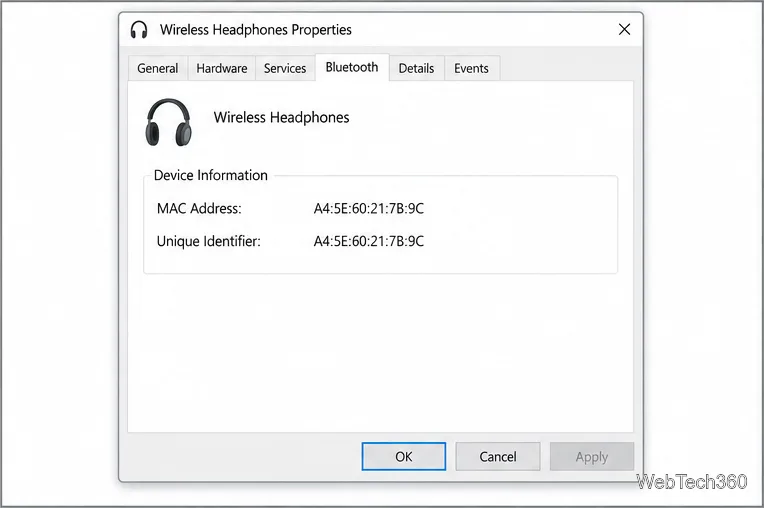 Diálogo de propriedades do Bluetooth no Windows 10 mostrando um exemplo de endereço MAC em seis pares hexadecimais.
