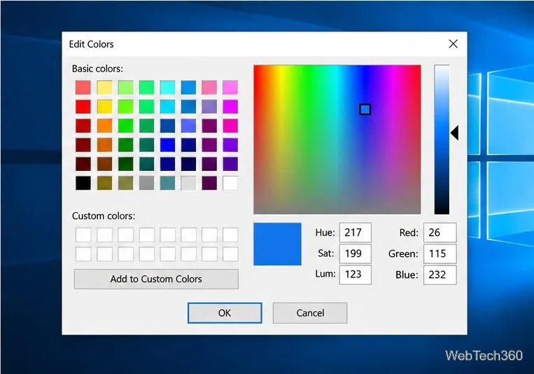 A caixa de diálogo Editar Cores do Paint mostra Vermelho 26, Verde 115 e Azul 232.