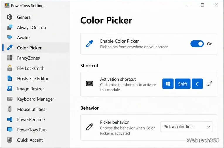 Configurações do PowerToys com o Seletor de Cores ativado e o atalho de ativação do Windows Shift+C
