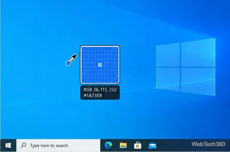 O seletor de cores PowerToys amplia um pixel azul na área de trabalho do Windows 10.