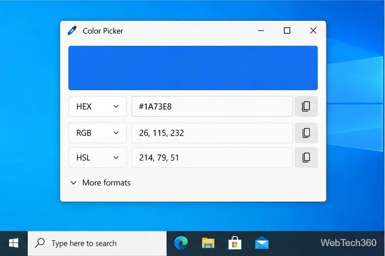 O editor PowerToys Color Picker mostra o código HEX #1A73E8 e os valores RGB 26, 115 e 232.