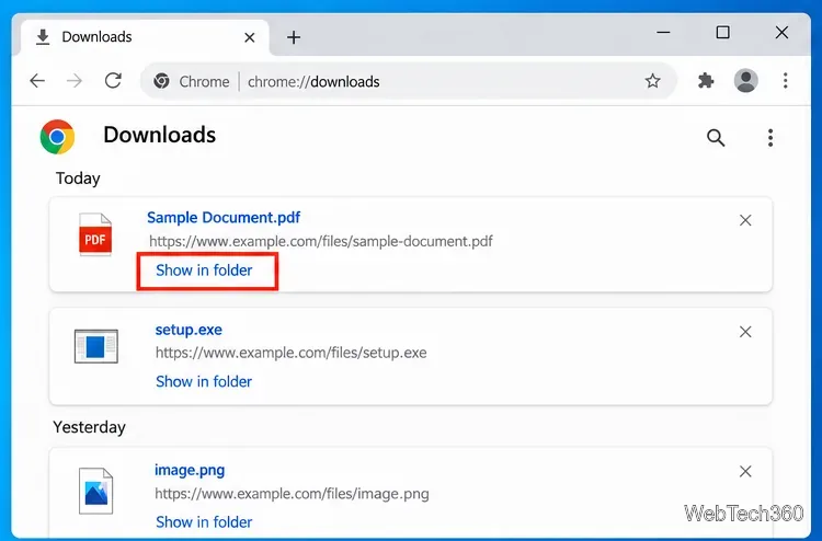 На странице загрузок Google Chrome отображается действие «Показать в папке» для недавно загруженного PDF-файла.