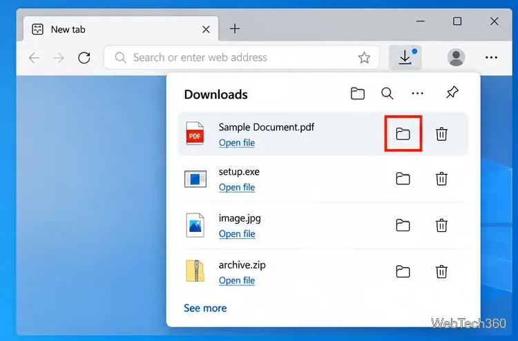 Панель загрузок Microsoft Edge с выделенной кнопкой папки рядом с завершенной загрузкой PDF-файла.