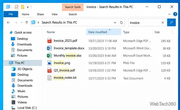 Проводник Windows 10 ищет на этом компьютере файлы счетов-фактур, результаты отсортированы по дате изменения.