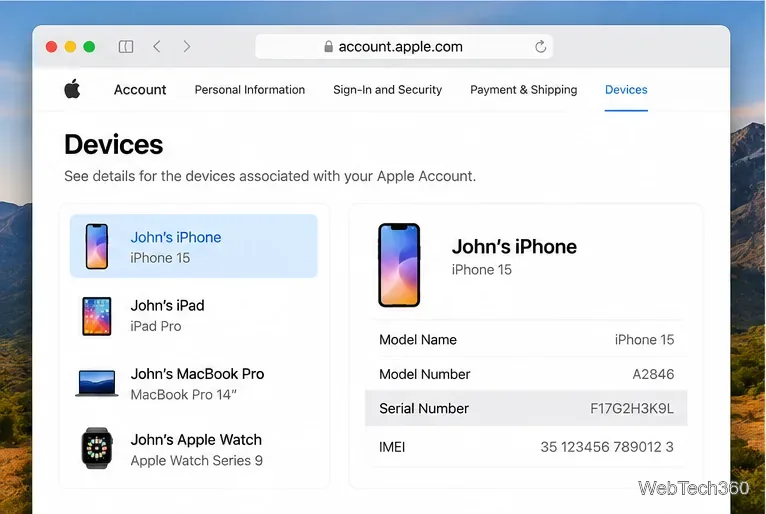 Apple Account website Devices page showing an iPhone and its Serial Number field