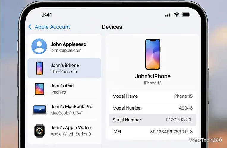 Apple Account device list with an iPhone selected and its Serial Number field visible