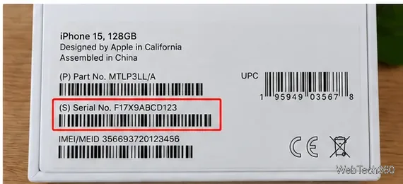 Close-up of an iPhone box barcode label with the serial number line highlighted