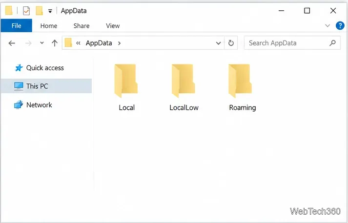 Trzy foldery w AppData są oznaczone etykietami Local, LocalLow i Roaming.