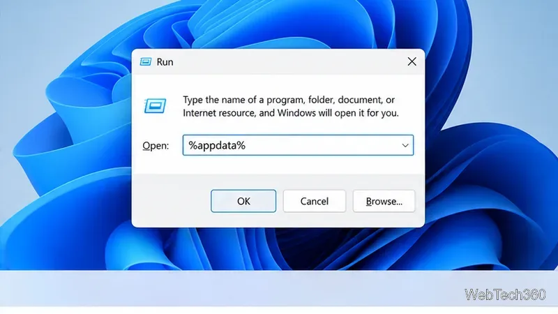 Boîte de dialogue Exécuter de Windows avec le pourcentage de données d'application saisi dans la zone Ouvrir
