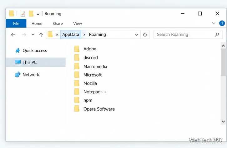 Okruszki chleba Eksploratora plików pokazują, że AppData jest elementem nadrzędnym dla Roaming.