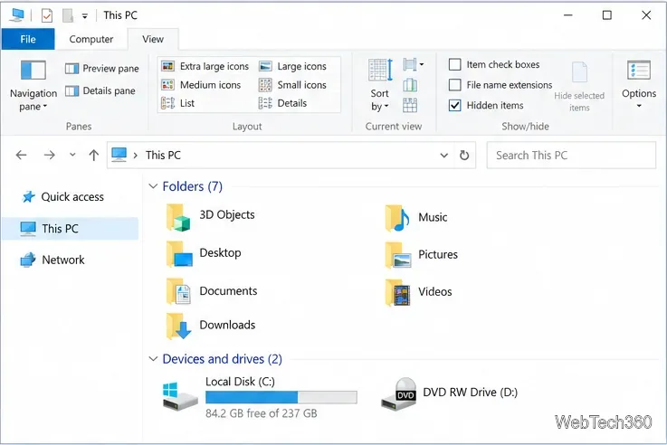 Eksplorator plików systemu Windows 10 z otwartą kartą Widok i zaznaczoną opcją Ukryte elementy.