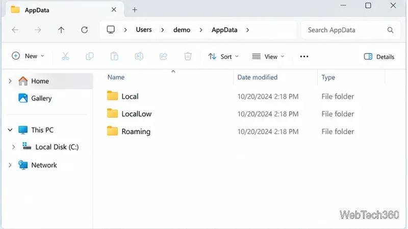 L'Explorateur de fichiers Windows affiche le répertoire AppData avec ses sous-dossiers Local, LocalLow et Roaming.