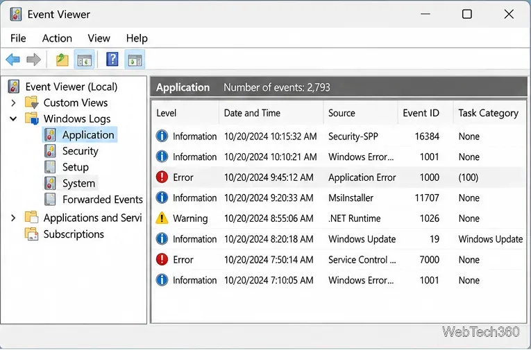 Observateur d'événements avec les journaux Windows développés et la liste des événements d'application sélectionnée