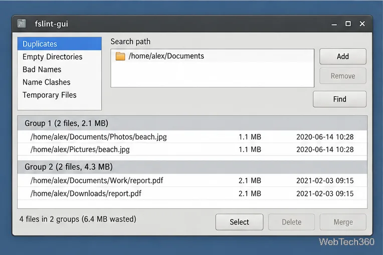 FSlint configured for a Documents scan with the Find button ready