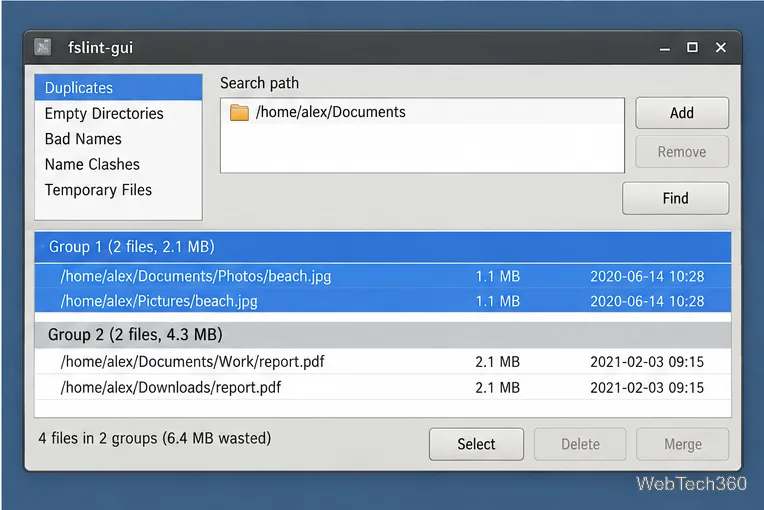 FSlint results grouped by duplicate files with paths, sizes, dates, and wasted-space summary