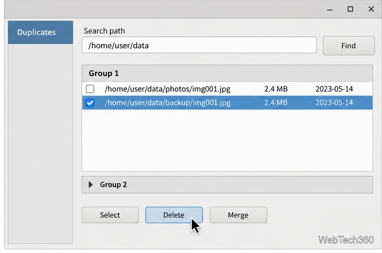 FSlint duplicate group with a single redundant row selected and the Delete control highlighted