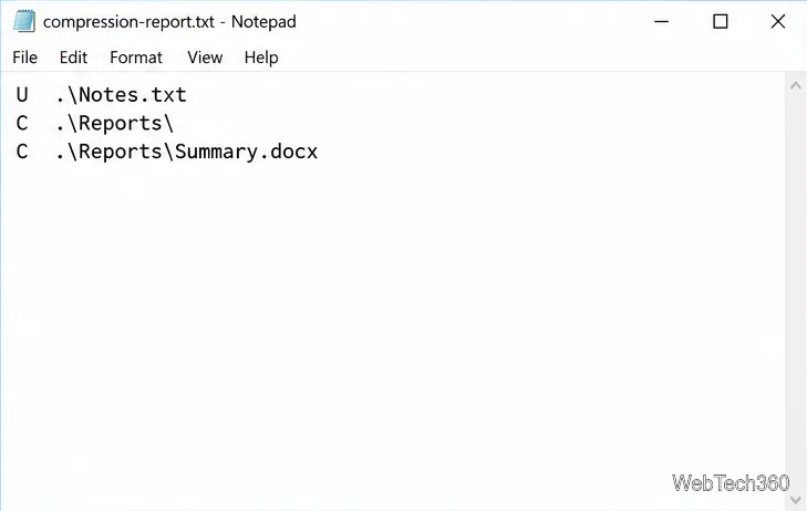 Fereastra Notepad intitulată compression-report.txt care prezintă exemple de linii de stare compacte