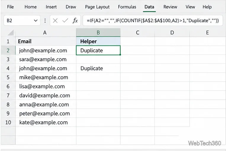 Вспомогательный столбец Excel, отображающий повторяющиеся метки после заполнения формулы COUNTIF.
