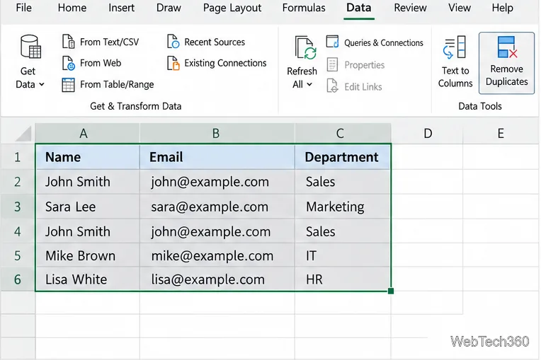 Таблица Excel с выделенными столбцами «Имя», «Электронная почта» и «Отдел», на вкладке «Данные» отображается команда «Удалить дубликаты».
