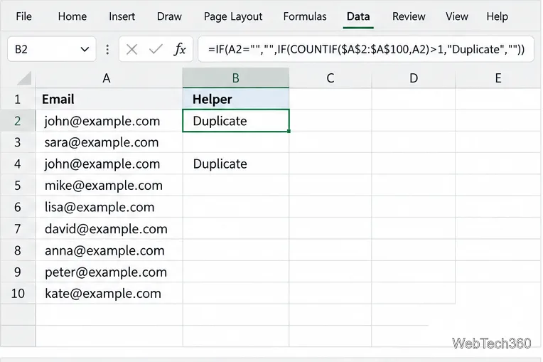 В электронной таблице Excel в строке формул находится формула COUNTIF, а рядом с повторяющимся адресом электронной почты стоит метка «Дубликат».