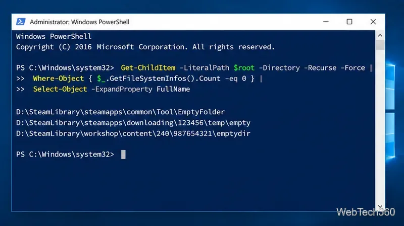 Fereastră PowerShell ilustrativă care prezintă comanda recursivă „empty-folder” și exemple de căi către foldere.