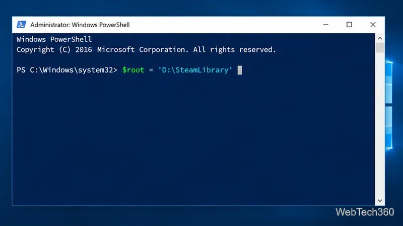 Fereastra Windows PowerShell cu rădăcina de scanare setată la D:\SteamLibrary.
