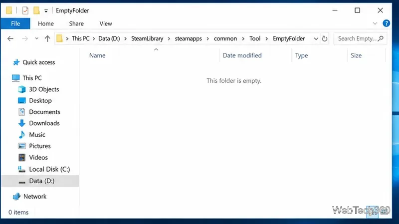 Explorer se deschide într-un folder cu un panou de conținut gol.