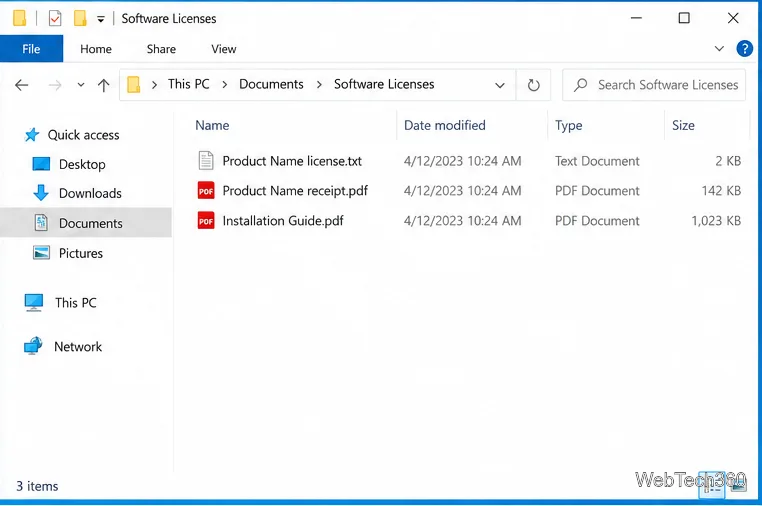 Откройте в проводнике Windows папку «Лицензии на программное обеспечение», содержащую текстовый файл с лицензией и чек о покупке.