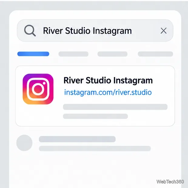 Результат мобильного веб-поиска по запросу "River Studio Instagram" с вымышленным профилем instagram.com/river.studio.