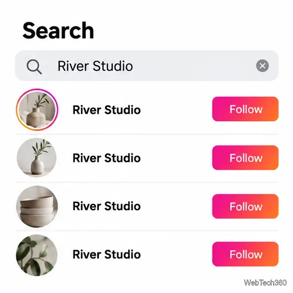 Результаты поиска в стиле Instagram по вымышленному имени пользователя River Studio показывают несколько похожих профилей.