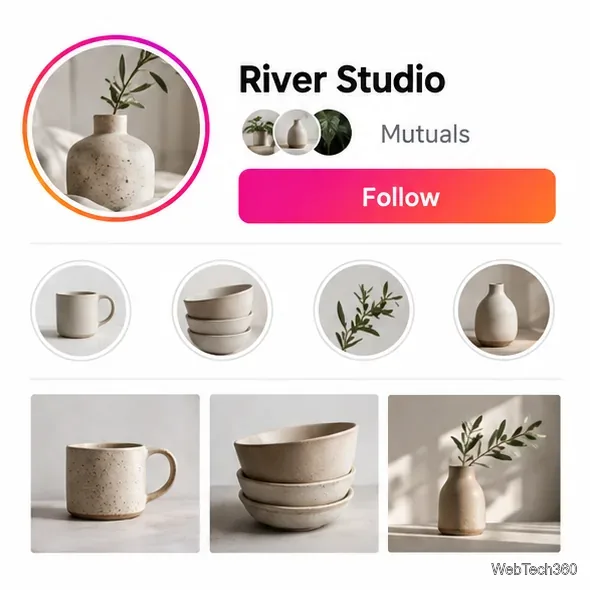 Вымышленный профиль River Studio, отображающий общие связи, кнопку «Подписаться» и публикации о гончарном деле.