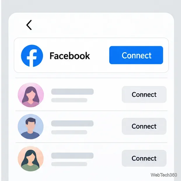 Макет экрана подключения к Facebook с элементом управления «Подключиться» и предлагаемыми профилями.