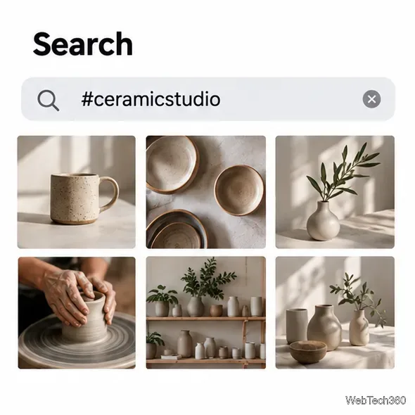 Поиск по вымышленному хэштегу #ceramicstudio с сеткой связанных с ним публикаций о гончарном деле в открытом доступе.