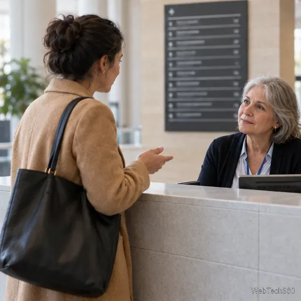 Un visiteur s'entretient avec une réceptionniste près d'un annuaire public dans le hall d'un établissement.