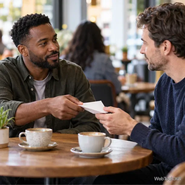 Deux amis discutent en privé dans un café, l'un d'eux faisant passer un billet plié.