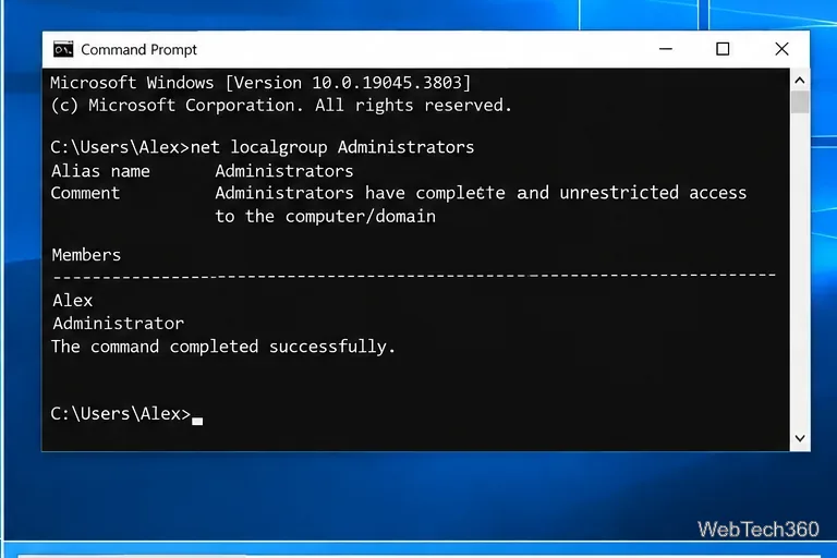 Windows 10 Command Prompt showing net localgroup Administrators and a list of administrator members