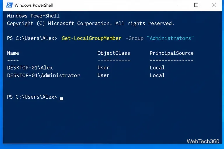 Windows PowerShell showing Get-LocalGroupMember for the Administrators group on Windows 10