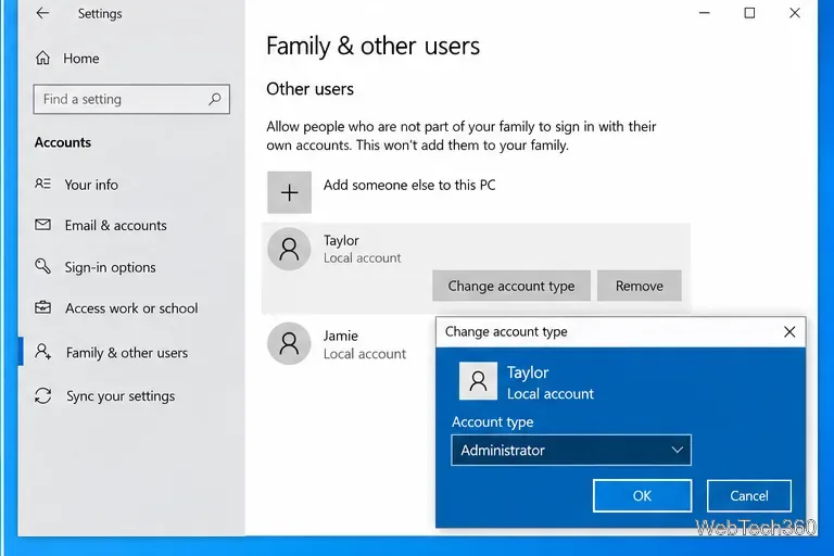 Windows 10 Family and other users Settings page with Change account type set to Administrator