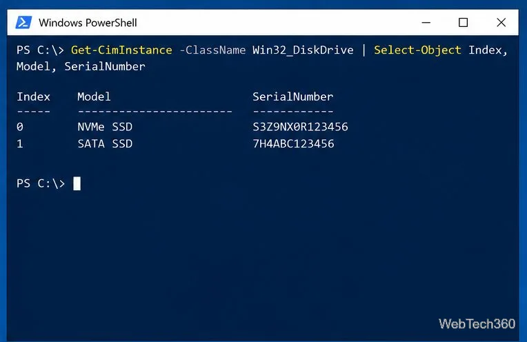 PowerShell แสดงคำสั่ง Win32 DiskDrive และตัวอย่างคอลัมน์รุ่นและหมายเลขซีเรียล