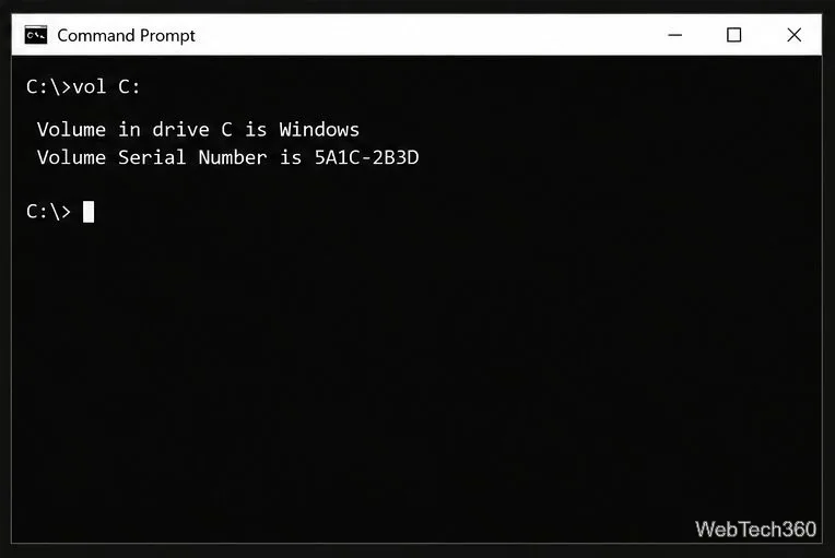 เอาต์พุตจาก Command Prompt ของไดรฟ์ C: แสดงป้ายชื่อไดรฟ์และหมายเลขประจำไดรฟ์