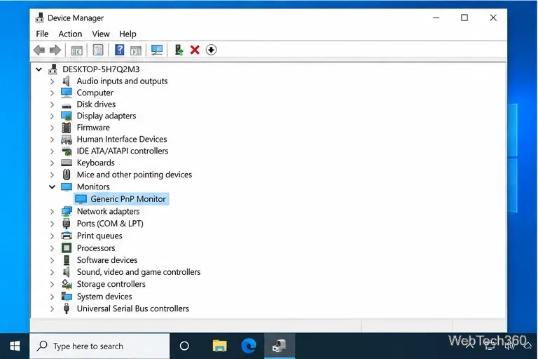 Windows 10 Device Manager with the Monitors category expanded and Generic PnP Monitor selected